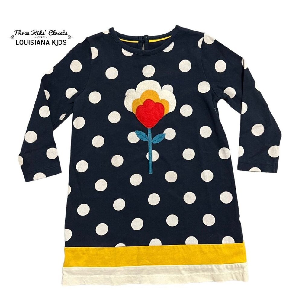 Mini Boden Navy Polka Dot Dress with Floral Applique and Yellow Trim